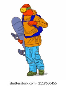 Vector Illustration of guy on snowboard. Extreme boy with snowboard. Man ready to ride and jump on board. Fashion sketch of extreme person.