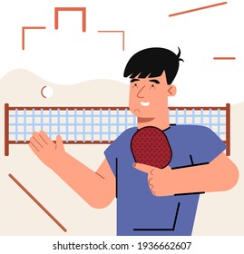 Vector illustration. Guy with a ping pong racket. Fun life, sports.