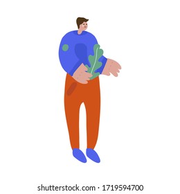 A vector illustration of a guy with a plant. Flat design men. Guy with a plant isolated cartoon characters. Demonstration of the garden, vegetable garden, planting