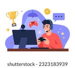 Vector illustration of a guy playing video games. Cartoon scenes with a smiling guy sitting in headphones at a computer, holding a joystick and playing video games, will receive awards, pass levels.