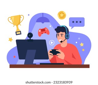 Premium Vector  Man playing computer video games with ai helper