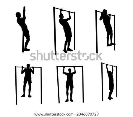 Vector illustration. A guy pull ups up on a horizontal bar. Sports and recreational topics.  Set of 4 isolated black silhouettes. Graphic design elements for banner, ad, social media, book cover