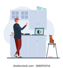 Vector illustration of guy reading recipe on laptop and preparing sushi near cat while cooking lunch in cozy kitchen at home