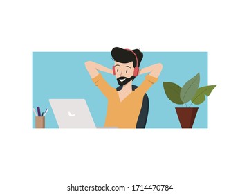 Vector illustration of a guy relaxing in front of his laptop computer with headphones.