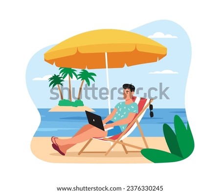 Vector illustration of a guy resting. Cartoon scene with a handsome guy relaxing in the sea and lying in a sun lounger under a sun umbrella and looking at a laptop isolated on a white background.