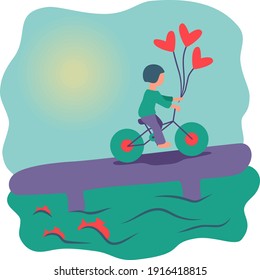 vector illustration, guy rides a bicycle across the bridge, holding heart-shaped balloons in his hand, the sun is shining, fish are visible in the water, flat simple style