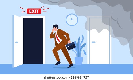 Ilustración vectorial con un hombre huyendo del humo en pánico. Escena de caricatura de un trabajador de oficina cubriendo su nariz con un pañuelo y corriendo a la salida de una habitación humeante.