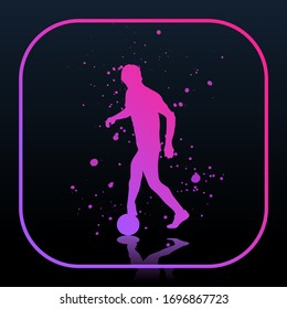 Vector illustration. The guy runs with the ball. Dribbling. Keeping the ball. Isolated soccer player silhouette. Grunge splash. Gradient bright color. Design elements for logos, emblems, banners. 