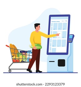 Vector illustration with a guy at the self service checkout. artoon scene with a guy with a grocery cart paying for groceries through a terminal on a white. Touch screen for paying for purchases.