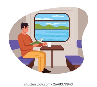 Ilustração vetorial de um sujeito sentado em um vagão de trem. Cena em desenho animado de um cara viajando em um trem, lendo um livro, uma mesa, uma xícara de bebida, paisagens do lado de fora da janela isoladas sobre fundo branco.