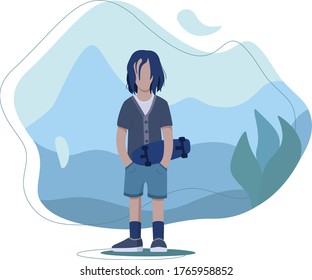 Vector illustration. A guy with a skateboard against the background of mountains.