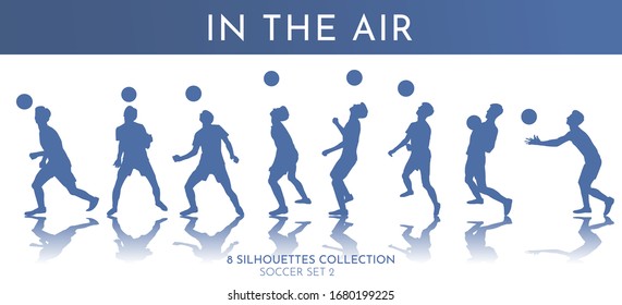 Vector illustration. The guy stuffs the ball on his head. Juggling the ball in the air. Set of isolated soccer silhouettes. Summer sports games. Professional skill. Design for training school banner