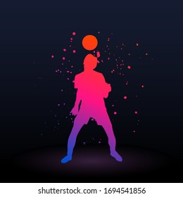 Vector illustration. The guy stuffs the ball on his head. Juggling the ball in the air. Professional skill. Gradient bright color silhouette with splashes on dark background. Graphic design