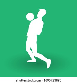 Vector illustration. The guy stuffs the ball on his chest. Juggling the ball in the air. Professional skill. White silhouette isolated on green field background. Design element for banner, flyer