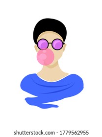 Vector illustration with a guy in stylish bright sunglasses and with a bubble gum. Bright summer illustration. Design for print and web. Option avatars for social networks.