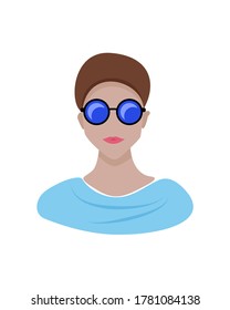 Ilustración vectorial de un tipo con elegantes gafas de sol brillantes y una camiseta azul. Brillante ilustración de verano. Diseño para impresión y web. Avatares de opción para redes sociales.