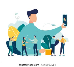 Vector illustration, guy takes a photo of himself, concept of friendship and youth