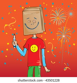 Vector Illustration of a guy wearing a brown paper bag over his head with a big doodle fake smile drawn on it.
