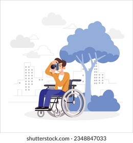 Vector illustration guy in wheelchair taking photos. Disabled male character holding camera, smiling.