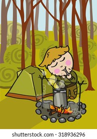 Vector illustration of a guy in the woods. The boy is preparing food over a campfire. For your design