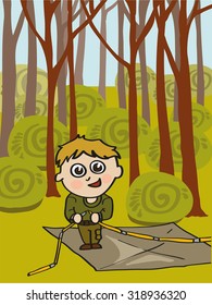 Vector illustration of a guy in the woods. The boy puts up a tent. For your design