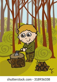 Vector illustration of a guy in the woods. The boy prepares firewood for the fire. For your design
