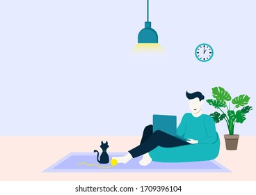 Vector illustration of a guy working with laptop in armchair. Freelancer and teamwork communication, programmer and designer, gamer and blogger, work remotely at home concept.