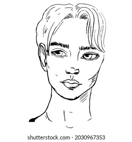 Ilustración vectorial de la cara de un hombre. Borde negro. Obtenido a mano. Diseño de afiches, postales, tatuajes, huellas, decoración.