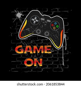 Vector illustration for guys with game joystick on bricks and graffiti text