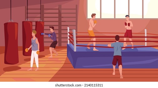 Vector illustration gym. Boys train at box club sparring in the ring of boxers in gloves under the supervision of a coach and from the side they train on pears in cartoon style.