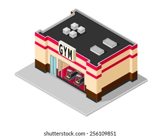 A Vector Illustration Of A Gym Building With Treadmills. Isometric Gym. Gym Building.