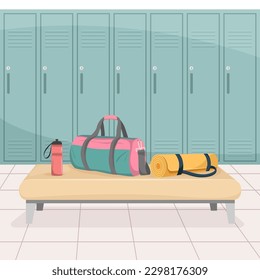 Vector illustration of gym changing room, lockers for clothes, bench, gym bag, fitness mat and bottle of water. Image for sports design, stickers, web design elements, cards, banners