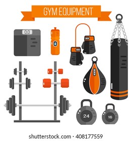 Vector illustration of gym equipment. Flat style set with fitness gear. Sport elements: boxing bag, dumbbell, barbell