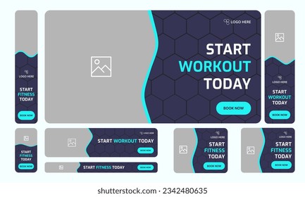 Vector illustration gym, fitness, workout, sport social media post template design collection. Modern square banner with yellow frame shape and place for photo. Editable vector eps 10 file format