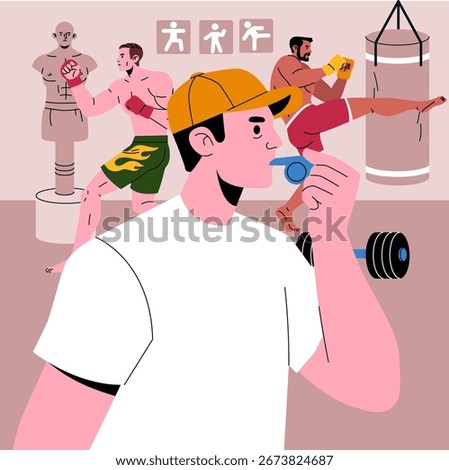 Vector illustration of a gym instructor blowing a whistle to guide an intense boxing training session. Boxers practice punches and kicks on punching bags and dummies.