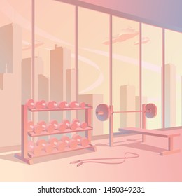 Vector illustration of gym interrior with dumbells and bench press, city sunset view in background.
