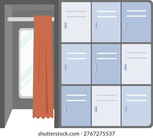 Vector illustration of a gym locker room interior with storage lockers and an open changing compartment featuring a curtain and mirror. It represents fitness facilities and sports environments