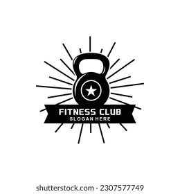 vector illustration of a gym logo, fitness emblem, sport label and barbell in monochrome shades