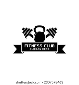vector illustration of a gym logo, fitness emblem, sport label and barbell in monochrome shades
