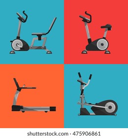 Vector illustration of gym sports equipment icons set. Treadmill, elliptical cross trainer, exercise bikes on color background.