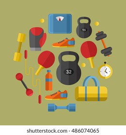 Vector illustration of gym sports equipment banner in flat style. Sports equipments on grey background. Outdoors activity. Workout and gymnastics. Different tools for sport.