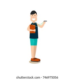 Vector illustration of gym trainer instructor with whistle and notepad. Gym people flat style design element, icon isolated on white background.