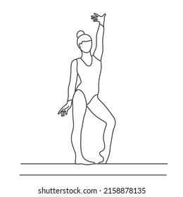 Vector illustration of gymnastics. A young gymnast finished an exercise on a gymnastic beam. Sport. Beauty and grace. Linear silhouette. Sketch