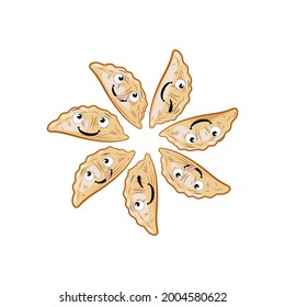 Vector illustration of gyoza with fun faces, japanese dumplings isolated on white background, colorful illustration, circle serving.