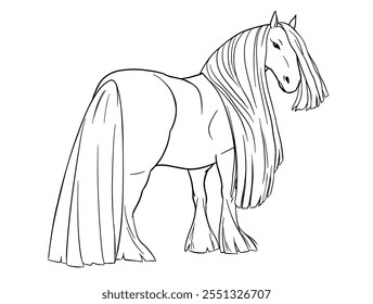 Vector illustration of Gypsy Vanner horse. Black outline on white background for coloring book.