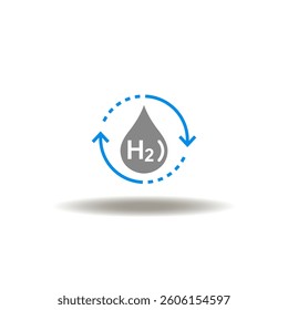 Vector illustration of H2 drop with circular arrows processing. Symbol of hydrogen production. Icon of H2 blue renewable fuel storage.