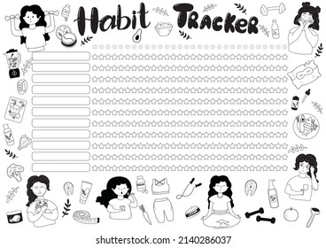 Vector illustration of a habit tracker in A4 format with doodle illustrations of a healthy lifestyle, beauty routine, healthy food, fitness.