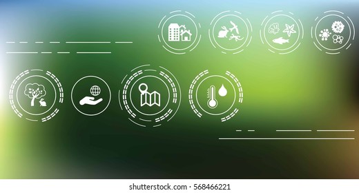 vector illustration of habitat icons for ecological environmental conditions for different species and humans on abstract blurry background