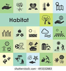 vector illustration of habitat icons for visualizng ecological environmental conditions for different species and humans as city ocean forest