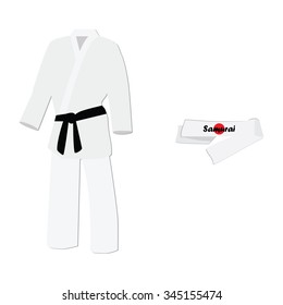 Vector illustration hachimaki national japanese headband with japan flag. Samurai bandana. White training kimono with black belt karate sport 